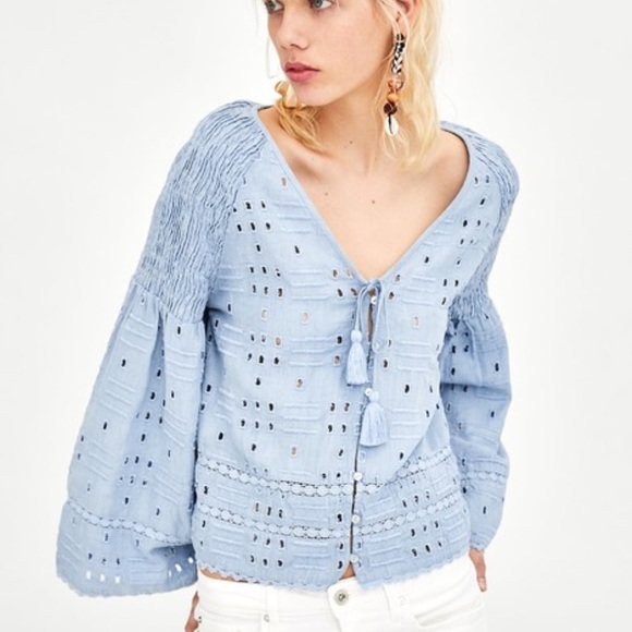 Zara Tops - ZARA TRF Collection Blue Eyelet Bell Sleeves Top